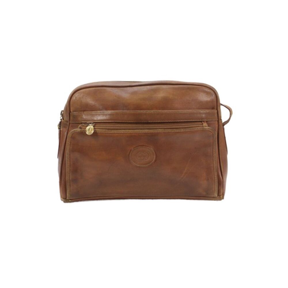 Gucci Womens Single Strap Zip Top GG Pocket Front Leather Vintage Handbag Brown